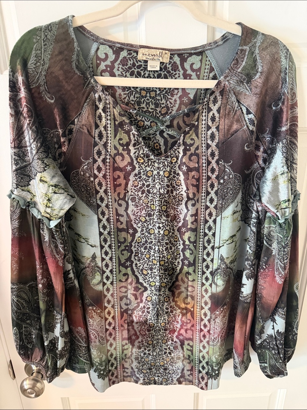 One World Paisley Print Peasant Blouse Long Sleeve Boho Top Whimsigoth Y2K M